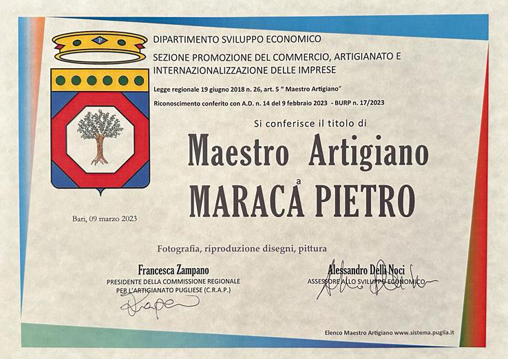 attestato di Maestro artigiano rilasciato a Piero Maraca